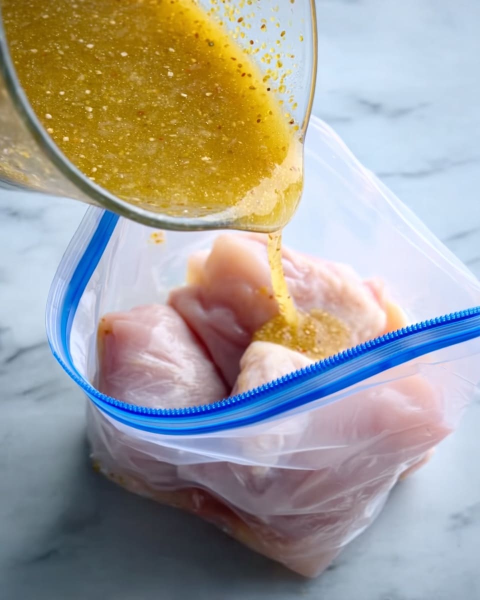 The image shows a clear plastic ziplock bag filled with raw chicken placed on a white marbled surface. Above the bag, a clear glass cup holds a thick yellow sauce with visible seeds and bits, which looks like it is about to be poured over the chicken pieces inside the bag. The chicken pieces are light pink, smooth, and appear fresh. The plastic bag has a blue zipper seal and the background is soft gray white marble. photo taken with an iphone --ar 4:5 --v 7