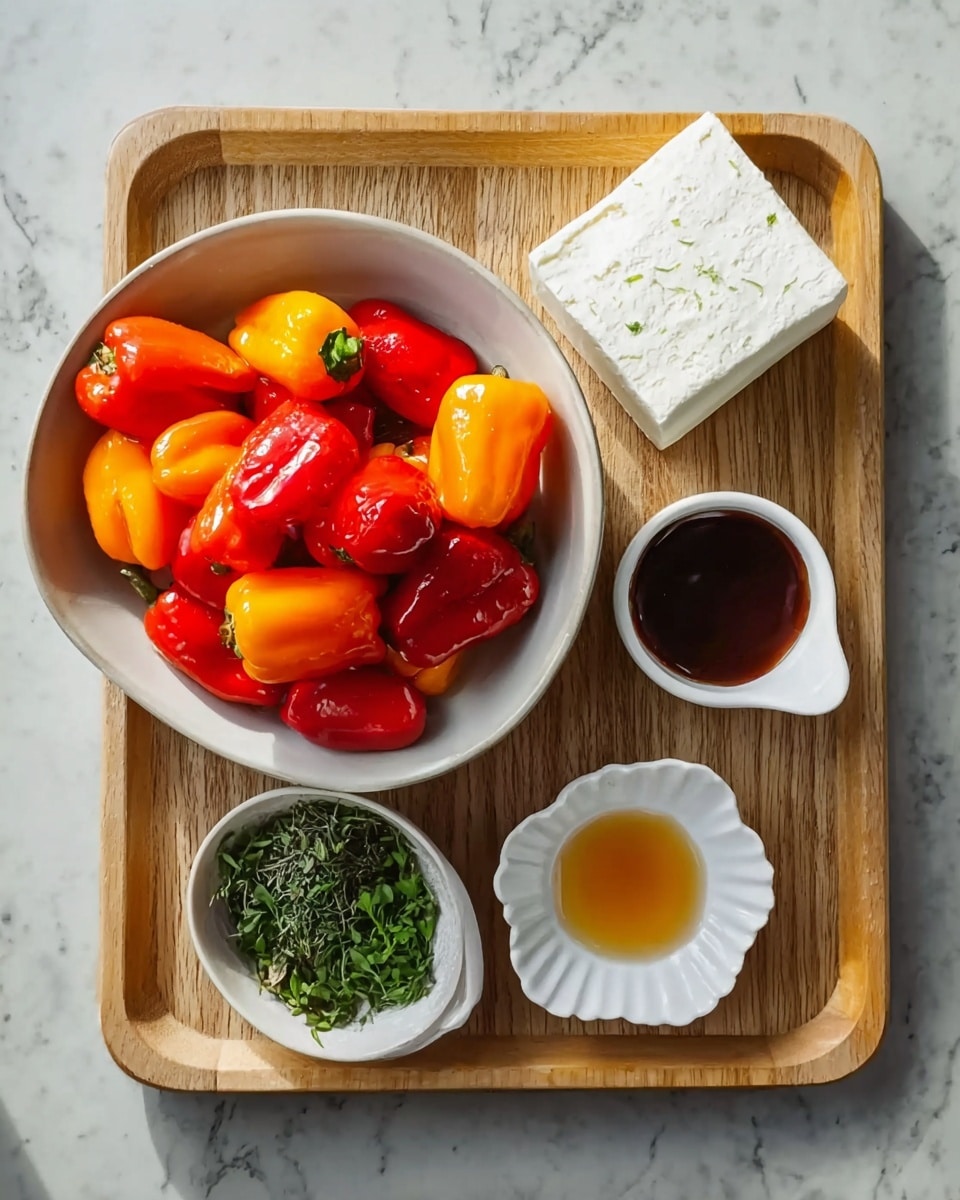 A white bowl filled with bright red, orange, and yellow mini sweet peppers sits on a light wooden tray with rounded edges. Around the bowl on the tray are four small white dishes: one contains a dark brown sauce, another holds a small pile of fresh green herbs, a third has a golden honey-like liquid, and the last has a white smooth block of cheese on a gently ruffled white plate. The tray rests on a white marbled surface. photo taken with an iphone --ar 4:5 --v 7