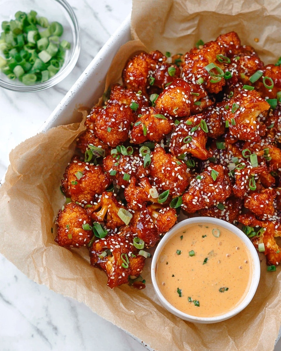 A white tray lined with light brown parchment paper holds many small crispy cauliflower pieces coated in a shiny deep orange-red sauce. The cauliflower pieces are scattered with white sesame seeds and chopped green onions that add spots of green and white. To the right, a small white bowl is filled with a smooth light orange creamy dipping sauce with visible green herb specks. On the left side, a clear bowl contains extra chopped green onions. The background is a white marbled surface. photo taken with an iphone --ar 4:5 --v 7