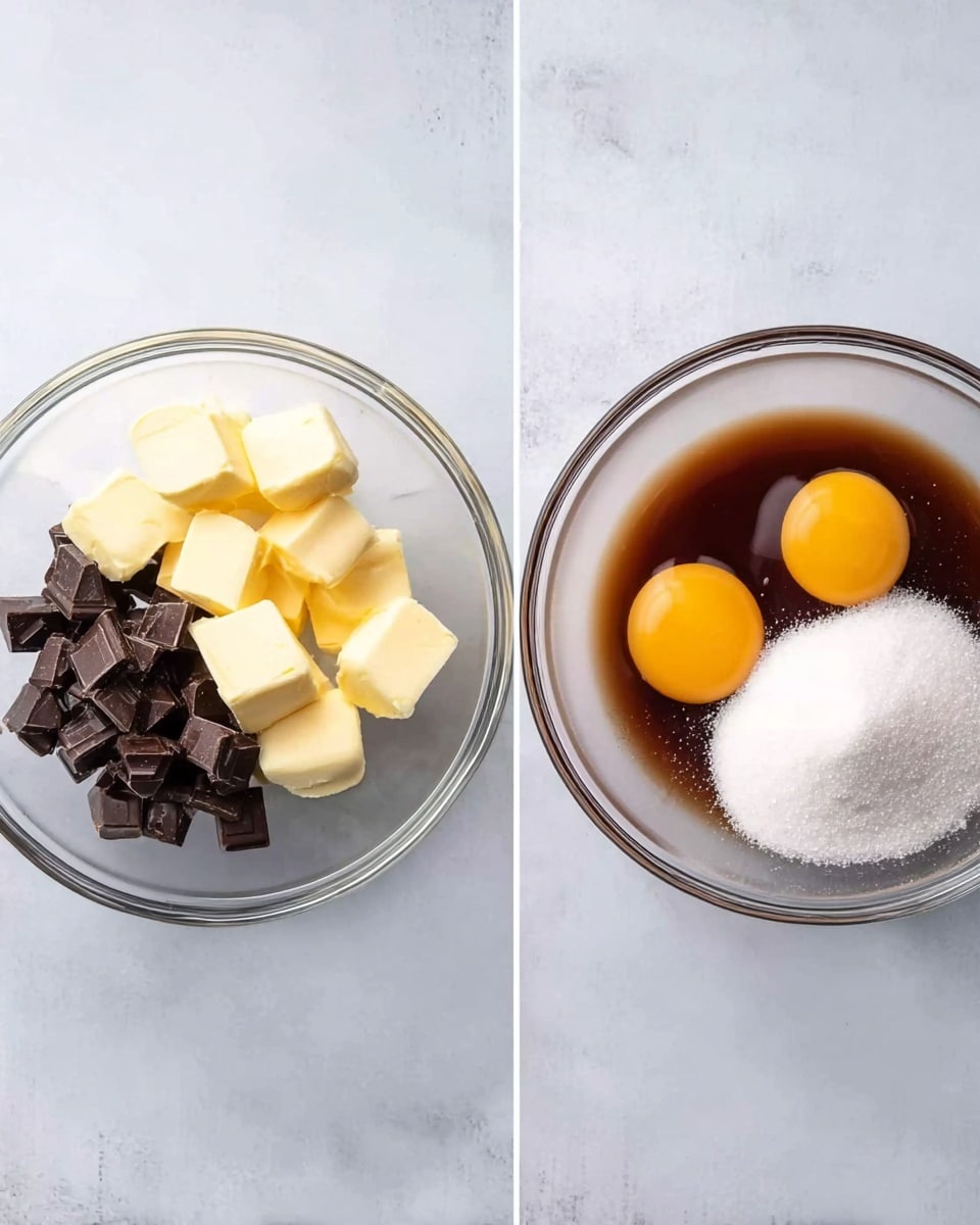 The image shows two clear glass bowls on a white marbled surface. The bowl on the left contains small dark chocolate pieces and several small cubes of pale yellow butter arranged side by side. The bowl on the right holds two raw eggs with bright yellow yolks, a pool of dark brown liquid, and a pile of white granulated sugar; all ingredients are clearly separated within the bowl. photo taken with an iphone --ar 4:5 --v 7