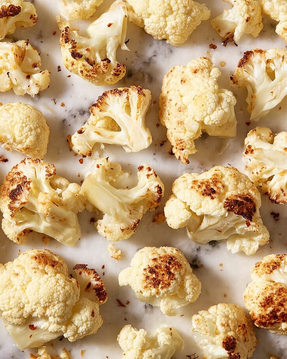 This image shows many pieces of roasted cauliflower spread out on a white marbled surface. Each piece is creamy white with browned spots on the edges and tops, showing a slight crisp from roasting. The cauliflower pieces are different shapes and sizes and lay flat, with their textured florets and small, branching stalks visible, creating a mix of soft and slightly crisp textures. The light shines softly from the side, highlighting the natural colors and slight char marks on the cauliflower. photo taken with an iphone --ar 4:5 --v 7