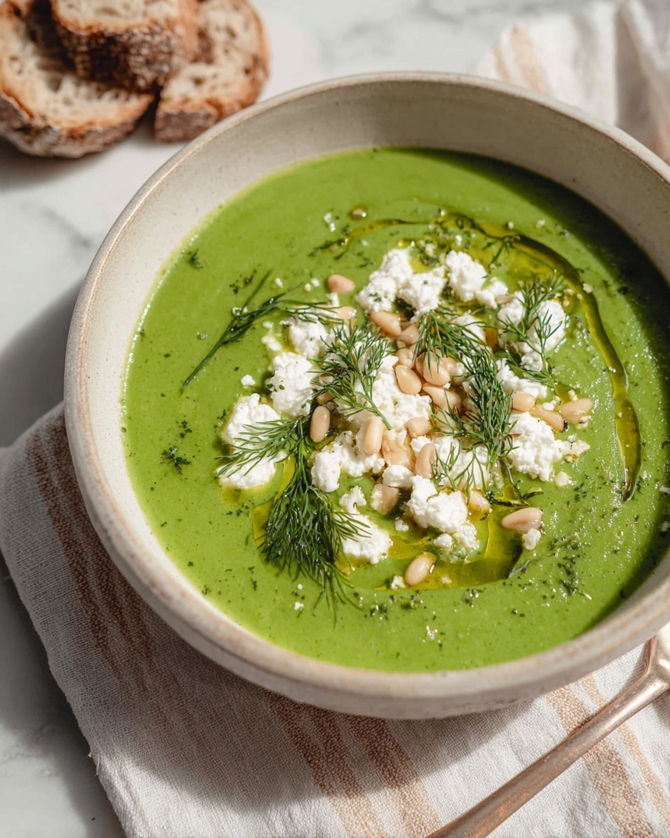 A shallow white bowl filled with a smooth, bright green soup forms the base layer, covering the bowl evenly. On top, there is a scattered layer of white, soft crumbled cheese forming irregular, small clusters. Light brown pine nuts are randomly spread across the cheese and the soup, adding a contrasting texture. Fresh green dill sprigs are scattered over the cheese and nuts, giving small pops of delicate leafy texture. A thin drizzle of golden olive oil forms gentle swirls and droplets on the soup surface, adding a shiny effect. The bowl sits on a white marbled surface with a beige and white striped cloth beneath it, and pieces of rustic brown bread are placed nearby. Photo taken with an iphone --ar 4:5 --v 7