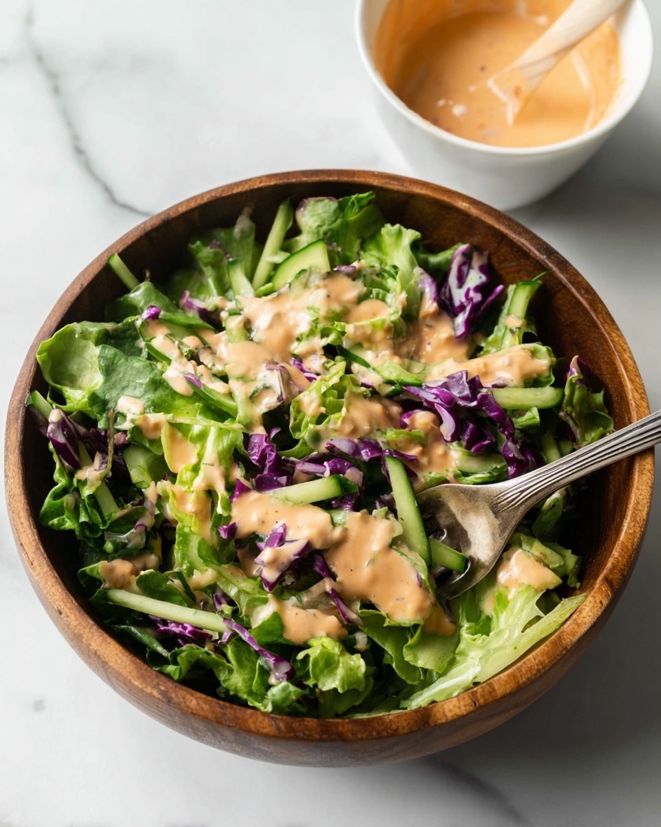 A wooden bowl filled with fresh green lettuce and purple cabbage leaves, thin long light green cucumber strips spread throughout, all topped with a creamy light orange dressing drizzled unevenly across the salad. A silver fork is partially inside the bowl lifting some salad and dressing. In the background, a white bowl with extra creamy light orange dressing sits on a white marbled texture surface. Photo taken with an iphone --ar 4:5 --v 7