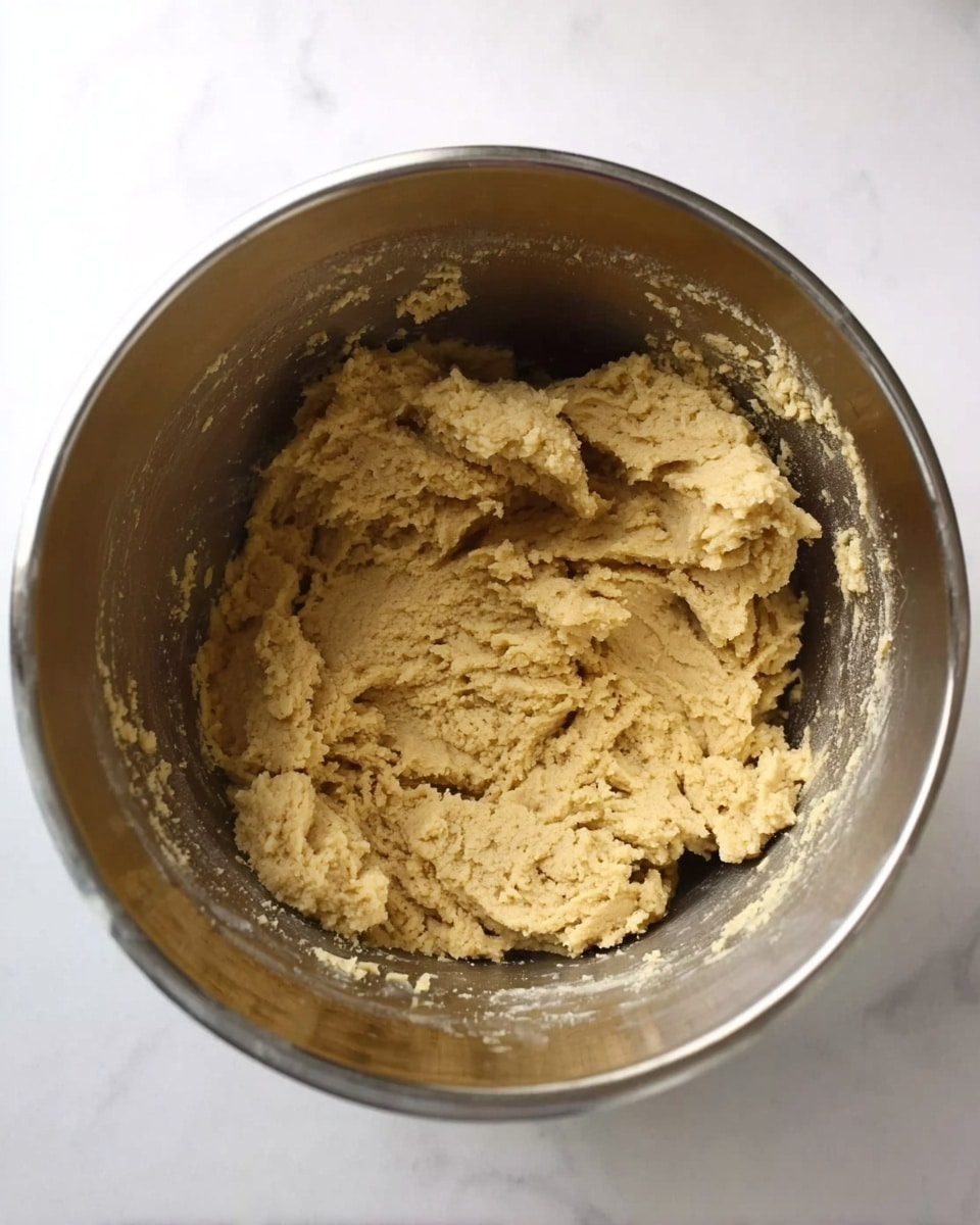 Inside a shiny metal bowl, there is a thick, beige dough with a slightly rough texture. The dough is softly piled up, covering most of the inside surface of the bowl, with some spots where it sticks lightly to the bowl's sides. The scene rests on a white marbled surface, adding a clean and bright background to the image. photo taken with an iphone --ar 4:5 --v 7