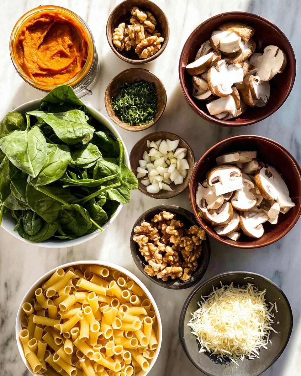 The image shows several bowls and a can of ingredients placed on a white marbled surface. There are two white bowls, one filled with fresh green spinach leaves on the left and another at the bottom with small yellow tube-shaped pasta. Two brown bowls sit at the top right: one has chopped white onions and the other holds sliced light brown mushrooms with white interiors. Near these, there is a small black bowl with shredded white cheese. Above the bowls, there are three small brown dishes containing chopped green herbs, minced garlic, and grated cheese. A brown bowl in the center holds whole walnuts, and to the left, there is an open can with smooth orange pumpkin puree. The lighting is bright and natural, highlighting the fresh textures and colors. Photo taken with an iphone --ar 4:5 --v 7