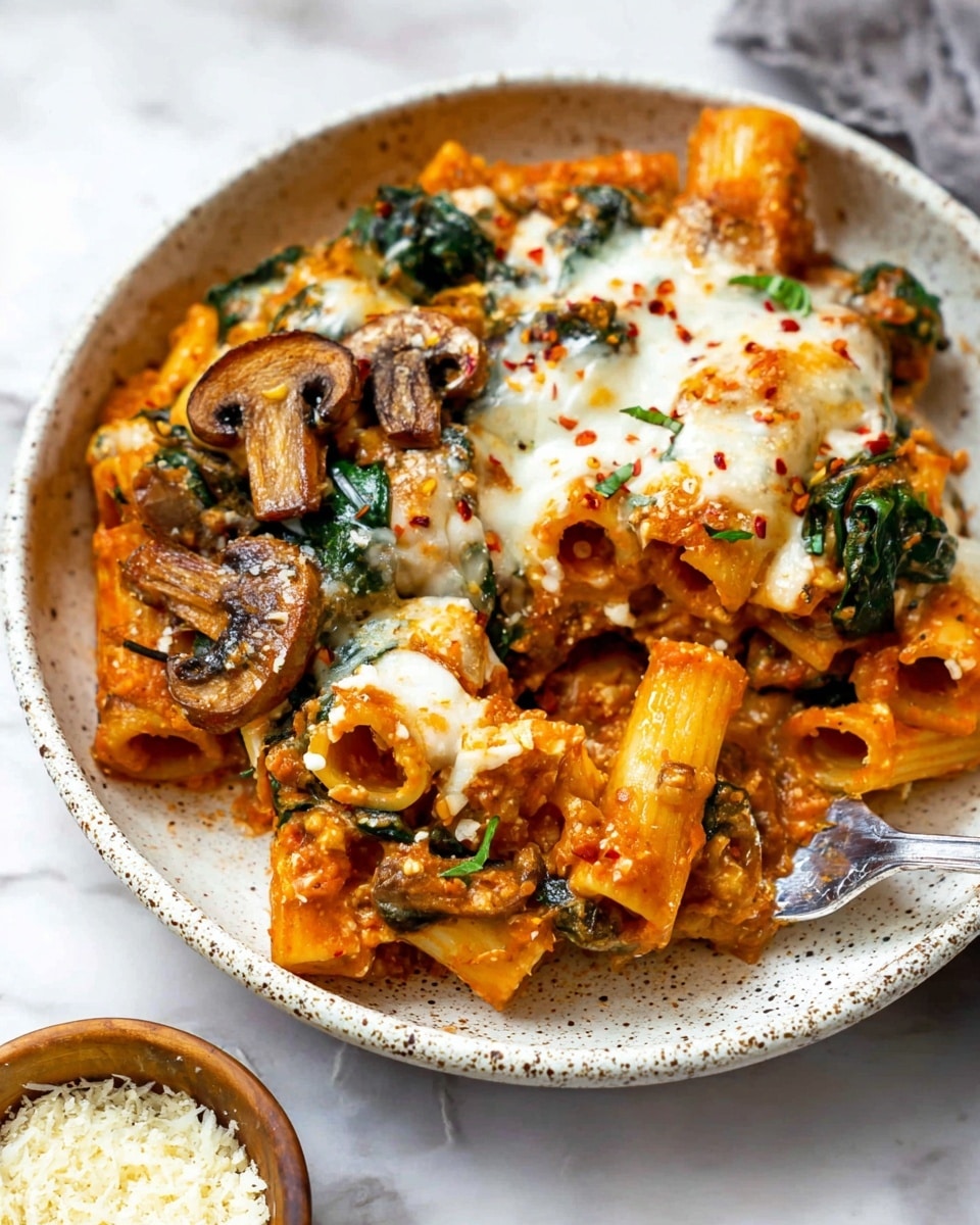 A white speckled bowl holds a layered pasta dish. The bottom layer is rigatoni pasta in a warm orange-red sauce. On top are cooked green spinach leaves and sliced brown mushrooms with a soft texture. The top layer has melted white cheese stretched over the pasta, sprinkled with small bits of white cheese and tiny red pepper flakes. A silver fork rests on the right side of the bowl, lifting some pasta. The bowl sits on a white marbled surface with a small bowl of grated cheese nearby. Photo taken with an iphone --ar 4:5 --v 7