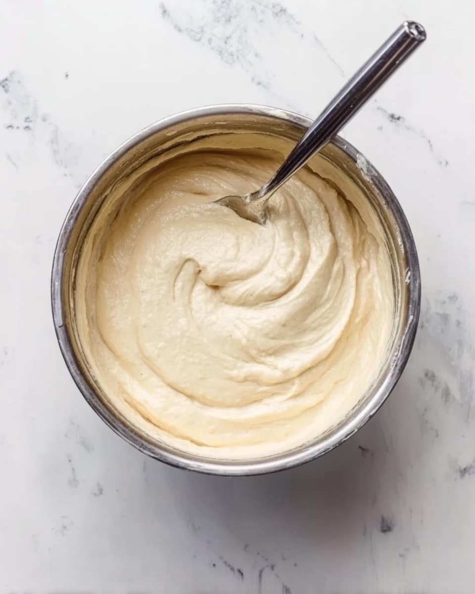 A shiny metal bowl filled with smooth, light cream-colored batter. The batter looks thick and soft with gentle swirls and peaks made by a metal spoon that is partially resting inside the bowl. The bowl is sitting on a white marbled surface, which shows light grey veins and adds a clean, bright background to the image. photo taken with an iphone --ar 4:5 --v 7