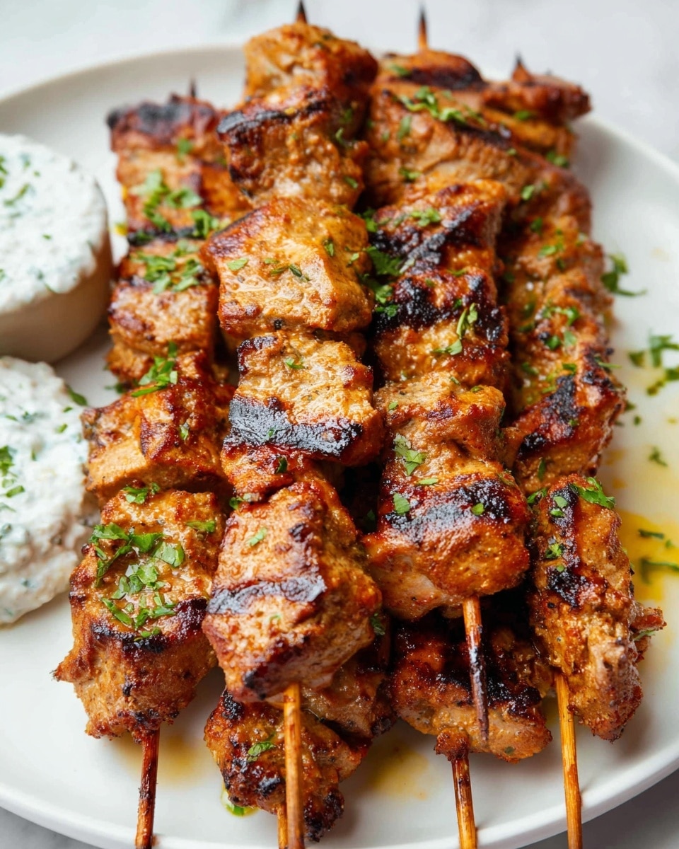 Several skewers of grilled meat are piled on a white plate, each skewer holding several chunky pieces of golden-brown meat with some charred edges. The meat looks juicy with a slightly rough, uneven surface, and small bits of green herbs are sprinkled on top. The skewers are placed closely, filling the plate with a warm, textured look. On the side of the plate, there is a small part of a white bowl with a creamy dip visible. The entire scene is set on a white marbled surface. photo taken with an iphone --ar 4:5 --v 7