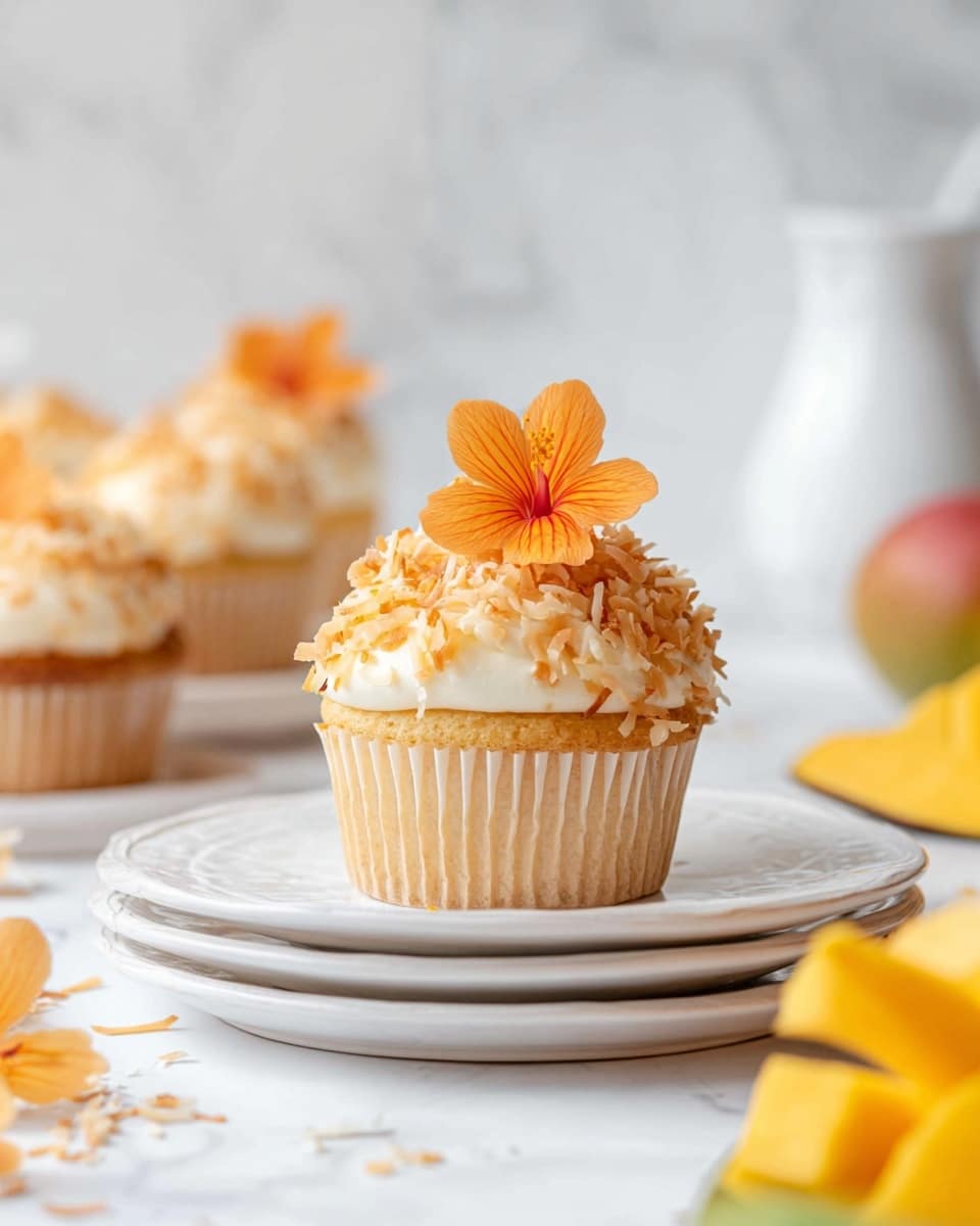 A single cupcake sits centered on a white plate with a slightly scalloped edge, which rests on a stacked pair of similar plates against a white marbled surface. The cupcake has a light beige base with smooth ridges from its baking cup. On top, a thick layer of creamy white frosting is covered with golden toasted shredded coconut, adding texture and color. A small, delicate orange flower with five petals is placed right in the center of the frosting. In the soft background, more cupcakes of the same style blur out, along with some yellow fruit pieces and a white ceramic pitcher. Photo taken with an iphone --ar 4:5 --v 7