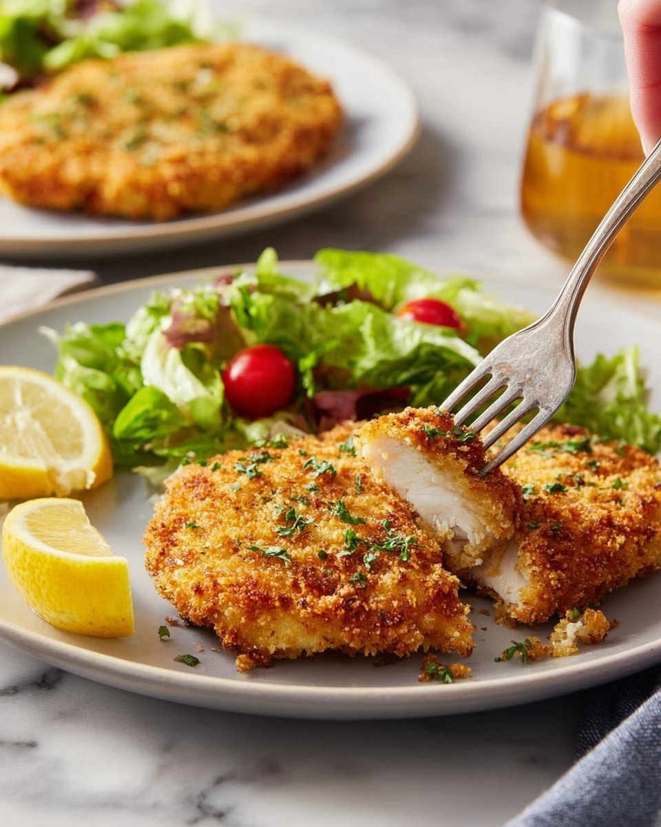 A white plate with a golden-brown crispy breaded chicken piece takes the main space, topped with small green herb sprinkles. To the side, there is a fresh salad with bright green leafy lettuce and red cherry tomato halves. A lemon wedge with a bright yellow color rests near the chicken. A fork held by a woman's hand is lifting a bite-sized piece of the chicken, showing its tender white inside. The background is a white marbled texture, with another plate holding a similar chicken piece slightly out of focus and a glass of light amber-colored drink. Photo taken with an iphone --ar 4:5 --v 7