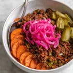 Sloppy Joe Bowls with Roasted Sweet Potatoes and Pickled Toppings Recipe