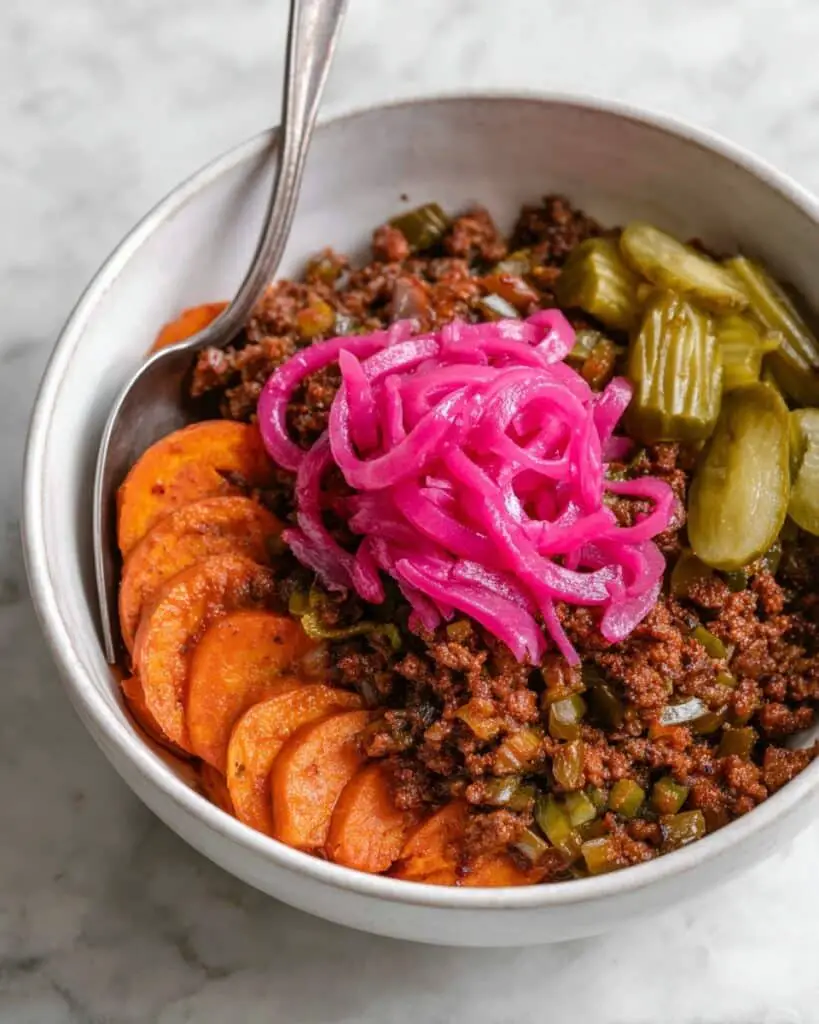 Sloppy Joe Bowls with Roasted Sweet Potatoes and Pickled Toppings Recipe
