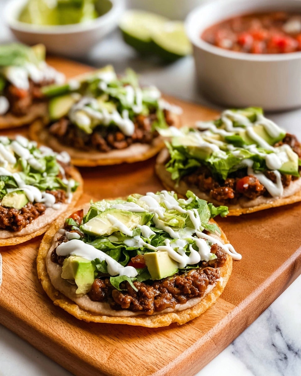 There are four tostadas on a wooden board, each with four layers: the bottom layer is a light golden crispy tortilla; spread on top is a creamy light brown refried bean layer; above that is a dark brown seasoned ground meat; then fresh green lettuce, a few small chunks of pale green avocado, and some red salsa pieces. White sauce is drizzled over everything in thin lines. In the background, there are two white bowls, one with salsa and one with lime wedges. The scene is set on a white marbled surface. photo taken with an iphone --ar 4:5 --v 7