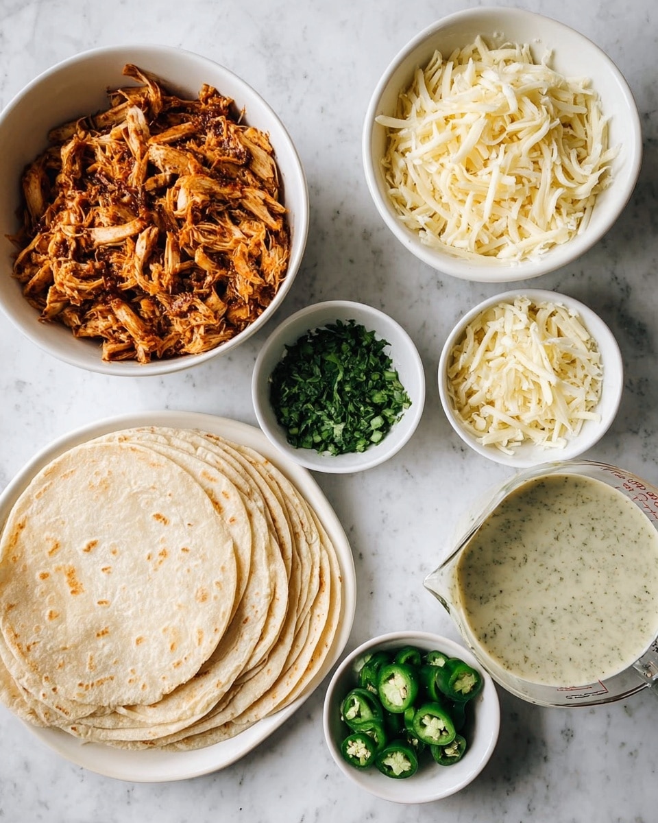 The image shows a top view of white bowls and a white plate on a white marbled surface, each holding different taco ingredients. One bowl contains shredded orange-brown seasoned chicken with visible texture, another is filled with finely shredded white cheese, a smaller bowl has chopped green herbs, and a dish holds sliced green jalapeños. The large white plate has a neatly arranged stack of soft flour tortillas in a fan shape. There is also a measuring cup filled with a creamy, light green, herb-speckled sauce. Photo taken with an iphone --ar 4:5 --v 7