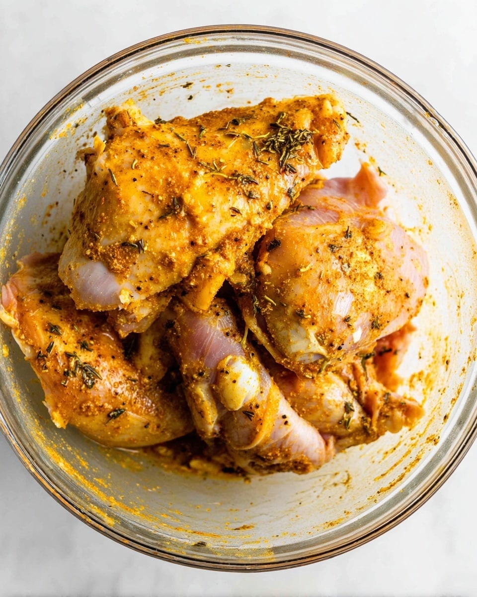 The image shows a clear round glass bowl filled with several pieces of raw chicken coated in a yellow-orange spice mix. The chicken pieces have a slightly shiny texture from the marinade, with visible black pepper and herbs sprinkled on top. The chicken skin looks soft and moist, and some pieces show a bit of pink from the uncooked meat. The bowl sits on a white marbled surface, and the edges of the bowl have traces of spices and marinade. photo taken with an iphone --ar 4:5 --v 7