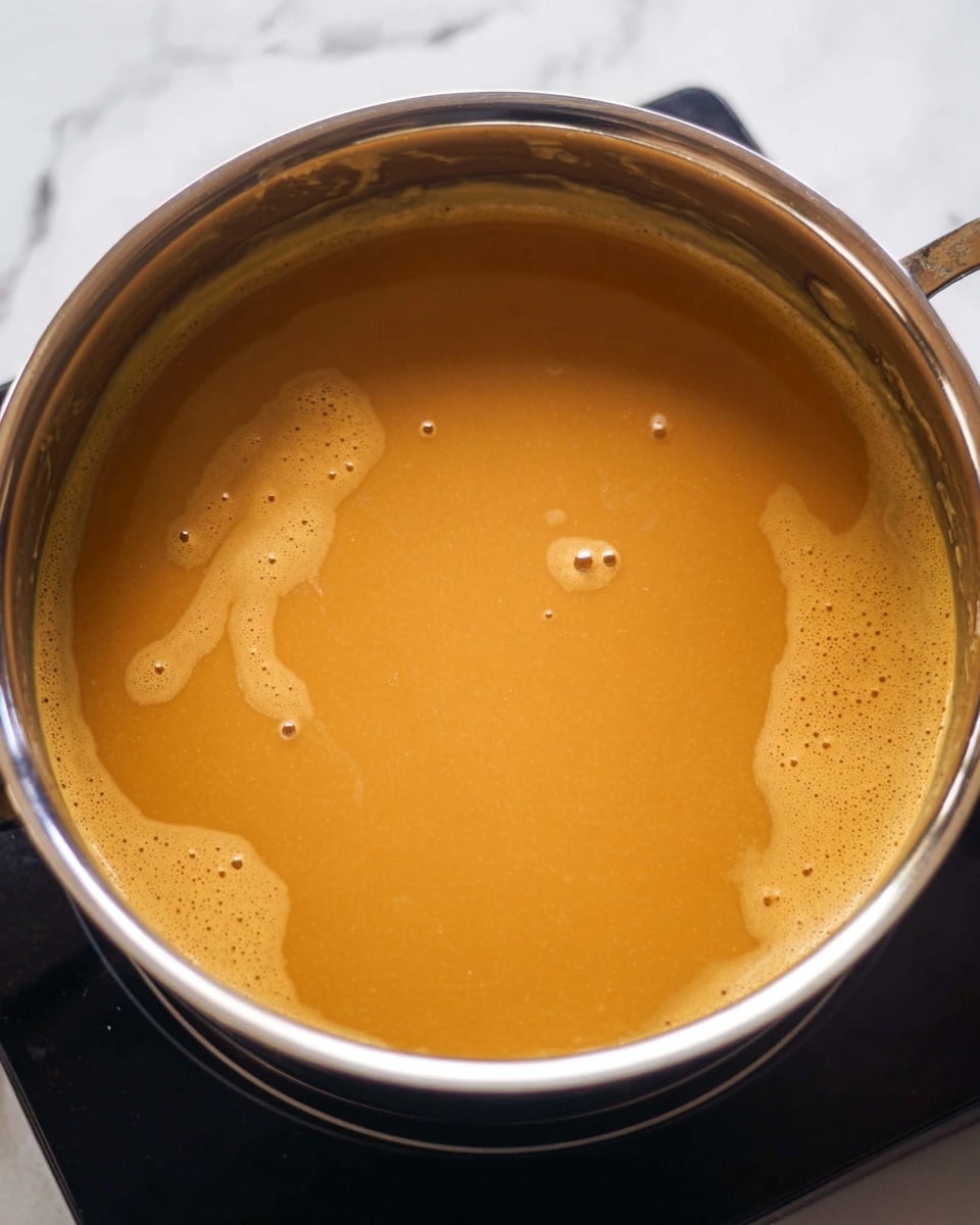 A close-up view of a cooking pot filled with thick, smooth, golden caramel sauce. The caramel layer is even with a glossy texture and a few small bubbles on the surface, showing gentle movement. The pot is shiny stainless steel, and it sits on a black stove top with a white marbled background behind. The warm caramel color dominates the image, creating a rich and creamy visual effect photo taken with an iphone --ar 4:5 --v 7