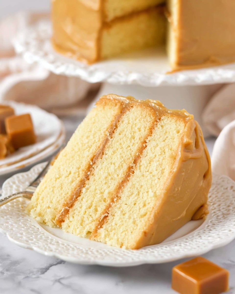A slice of three-layer light yellow cake is shown on a white plate with a lace-like edge. Each layer of cake is separated by a smooth, light brown caramel frosting that also covers the outside completely. The cake looks soft and moist with an even texture. The plate sits on a white marbled surface, and in the background, the full cake is visible with the same caramel frosting. Some small caramel squares are placed around the plate. Photo taken with an iphone --ar 4:5 --v 7
