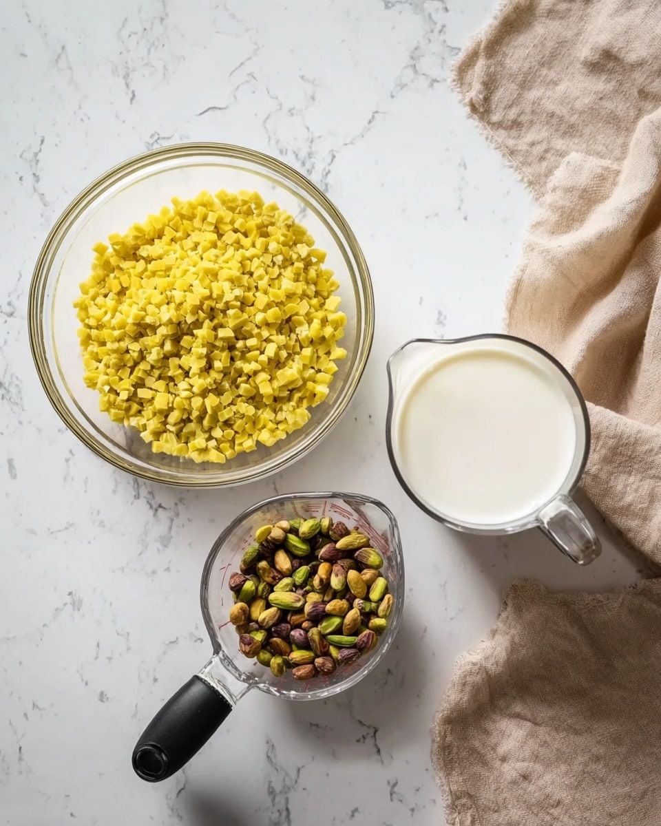 The image shows three clear glass containers on a white marbled surface. The largest bowl on the left is filled with small, bright yellow pieces that look like chopped ingredients. At the top right, there is a clear glass jug filled with white creamy liquid. In the bottom center, a clear glass measuring cup with a black handle holds a mix of green and brown shelled nuts. A soft beige cloth is placed near the top right corner of the scene, adding a cozy touch. The photo taken with an iphone --ar 4:5 --v 7