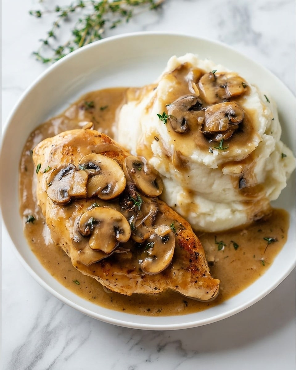 A white plate on a white marbled surface holds two main parts: on the left, a golden-brown cooked chicken piece covered with thick brown mushroom sauce that has sliced mushrooms on top, and on the right, a mound of fluffy white mashed potatoes also topped with some mushroom sauce and mushroom slices. A few small green herb sprigs sit near the top edge of the plate. Photo taken with an iphone --ar 4:5 --v 7