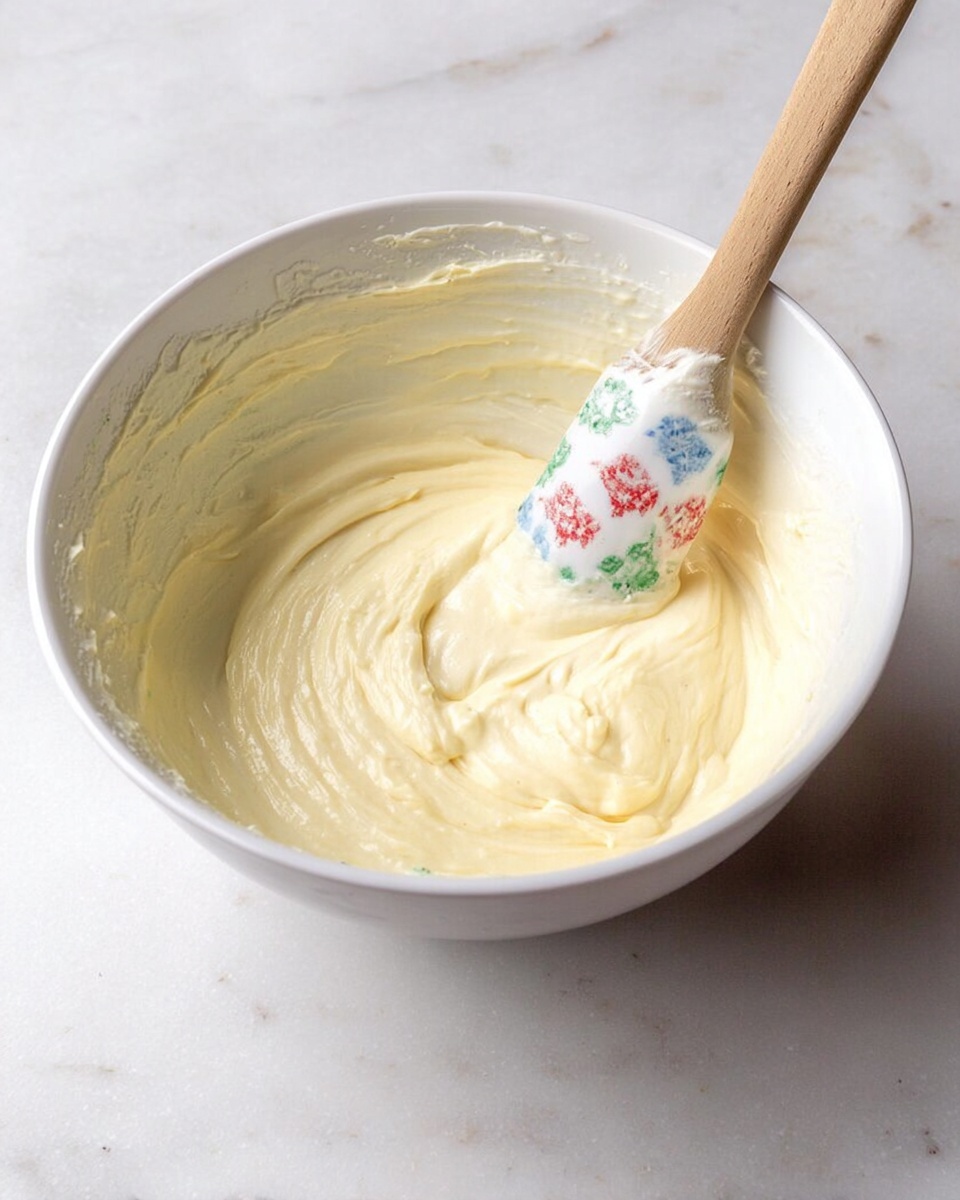 Classic Carrot Cake Recipe 4 A white bowl filled with thick, creamy, pale yellow batter with a smooth and slightly glossy texture, gently swirled by a wooden spatula with a floral designed silicone head featuring red, green, and blue colors. The bowl sits on a white marbled surface. Photo taken with an iphone --ar 4:5 --v 7