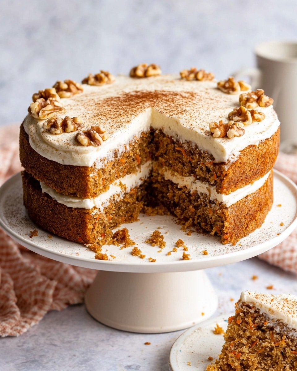 A two-layer carrot cake is shown on a white pedestal cake stand with a white marbled background. The cake layers are light brown and moist with visible carrot bits. Between the layers is an even thick layer of creamy white frosting. The top layer of the cake has a thick spread of the same white frosting, sprinkled lightly with brown cinnamon powder, and decorated with whole walnuts evenly spaced around the edge. Some cake crumbs are scattered on the cake stand near the base. There is also a slice of the cake in the background on a white plate. Photo taken with an iphone --ar 4:5 --v 7