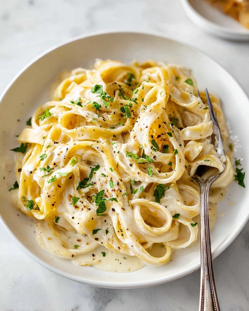 A white bowl filled with thick, creamy fettuccine pasta coated in a smooth pale yellow sauce. The pasta strands are loosely piled, with some twisted around a silver fork resting on the right side of the bowl. Bright green chopped parsley is sprinkled on top, adding small pops of color. Light black pepper grains are scattered over the sauce, giving texture and contrast. The bowl sits on a white marbled surface with soft natural light shining on the dish, highlighting the creamy texture of the sauce and the freshness of the herbs. Photo taken with an iphone --ar 4:5 --v 7