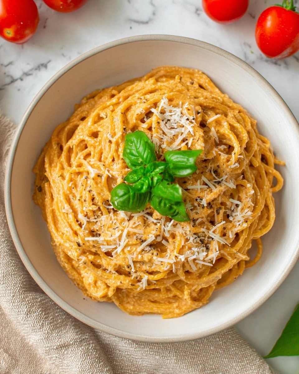 A bowl of spaghetti coated with a thick creamy light orange sauce, sprinkled with small strands of white grated cheese all over the top. In the center, there is a small bunch of fresh bright green basil leaves. The spaghetti strands lay in a loose mound with the sauce evenly covering each strand. The bowl is white and round, placed on a white marbled surface with parts of fresh tomatoes and a beige cloth slightly visible in the background. Photo taken with an iphone --ar 4:5 --v 7