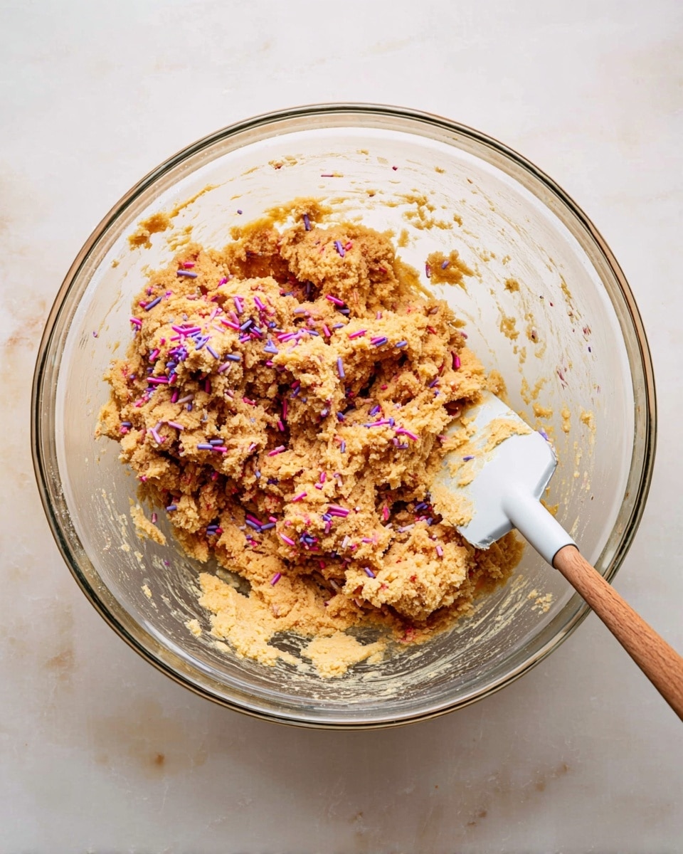 A clear glass bowl sits on a white marbled surface, filled with a crumbly, light brown dough mixed with small, thin purple and pink sprinkles scattered throughout. A white spatula with a wooden handle rests inside the bowl on the right side, partially covered with the dough. The dough looks thick and coarse in texture, with bits sticking lightly to the bowl’s inner sides. Photo taken with an iphone --ar 4:5 --v 7