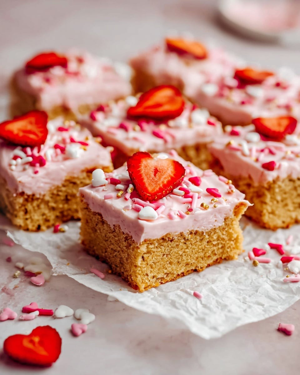 The image shows several square pieces of dessert layered with a golden-brown base topped with a thick layer of light pink frosting. Each piece is decorated with small heart-shaped and rod-shaped sprinkles in white, pink, and red colors, with some pieces having a slice of dried strawberry placed on top. The texture of the base looks soft and crumbly while the frosting appears smooth and creamy. The dessert squares sit directly on crinkled white parchment paper placed on a white marbled surface, with some stray sprinkles and strawberry slices scattered nearby. Photo taken with an iphone --ar 4:5 --v 7