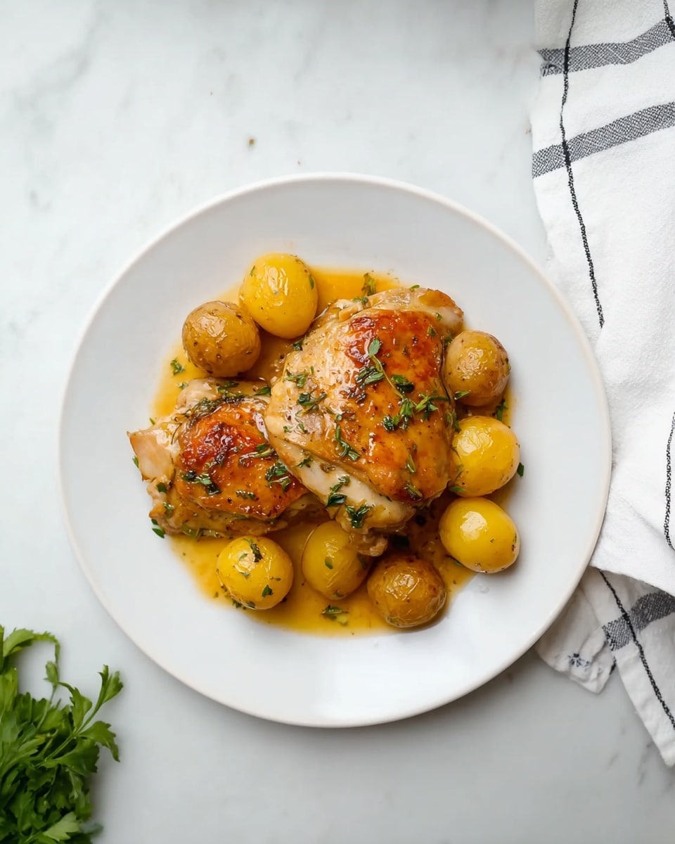 The image shows a white plate with two pieces of cooked chicken that have a golden brown skin on top, with some green herbs sprinkled over them. Around and under the chicken, there are small, round, golden yellow potatoes with a light char. The dish has a shiny sauce coating the chicken and pooling slightly on the plate. The plate is placed on a white marbled surface with a white towel that has dark stripes partially visible in the top right corner. There is also some green leafy garnish placed at the bottom left edge of the image. photo taken with an iphone --ar 4:5 --v 7