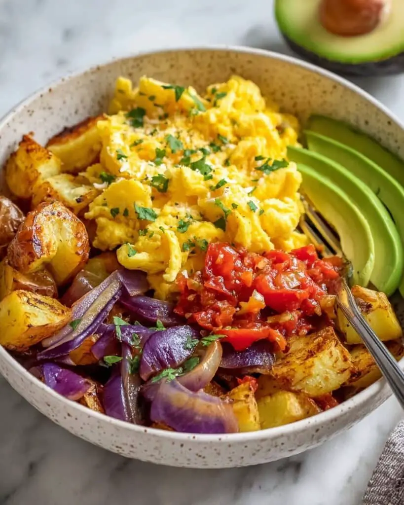 Morning Breakfast Bowl with Roasted Potatoes, Eggs, and Cheese Recipe