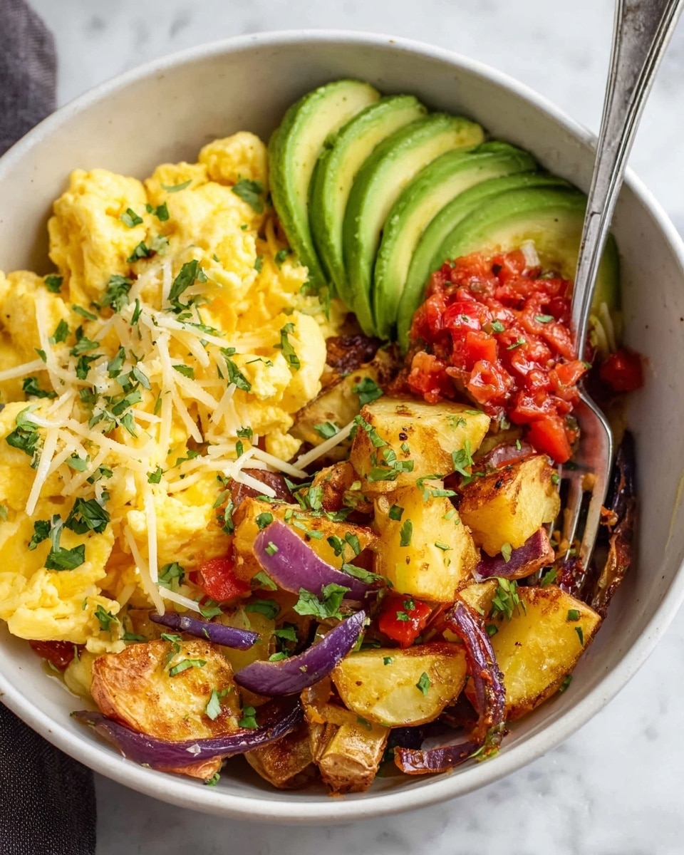 A white bowl filled with three main sections: on the left, soft yellow scrambled eggs sprinkled with small green herb pieces and light shreds of white cheese; in the center and extending to the right, roasted golden brown potato pieces with visible caramelized edges, mixed with red onion slices and small bits of red bell pepper, also topped with shredded cheese and chopped green herbs; and at the top right, several slices of bright green avocado arranged neatly next to a small mound of chunky red salsa. A fork rests inside the bowl against the eggs, and the bowl sits on a white marbled surface. photo taken with an iphone --ar 4:5 --v 7