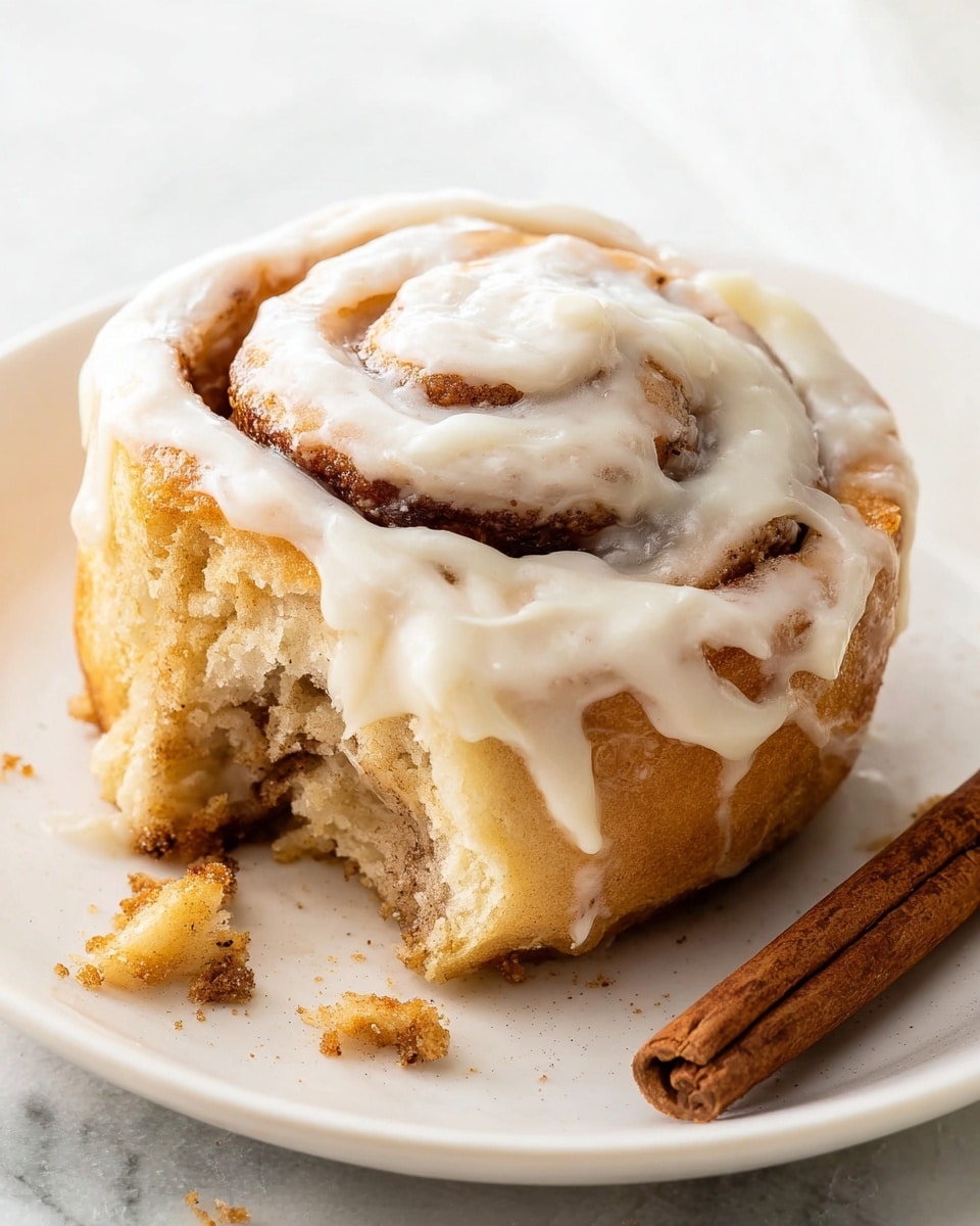 A single cinnamon roll sits on a white plate with a white marbled surface beneath. The cinnamon roll has three visible layers of soft, light brown dough spiraled with darker cinnamon filling inside. The top is generously covered with thick white icing that looks creamy and smooth, dripping slightly down the sides. Some small crumbs are scattered near the roll with a piece broken off the front. A cinnamon stick lies near the bottom right corner of the plate. Photo taken with an iphone --ar 4:5 --v 7