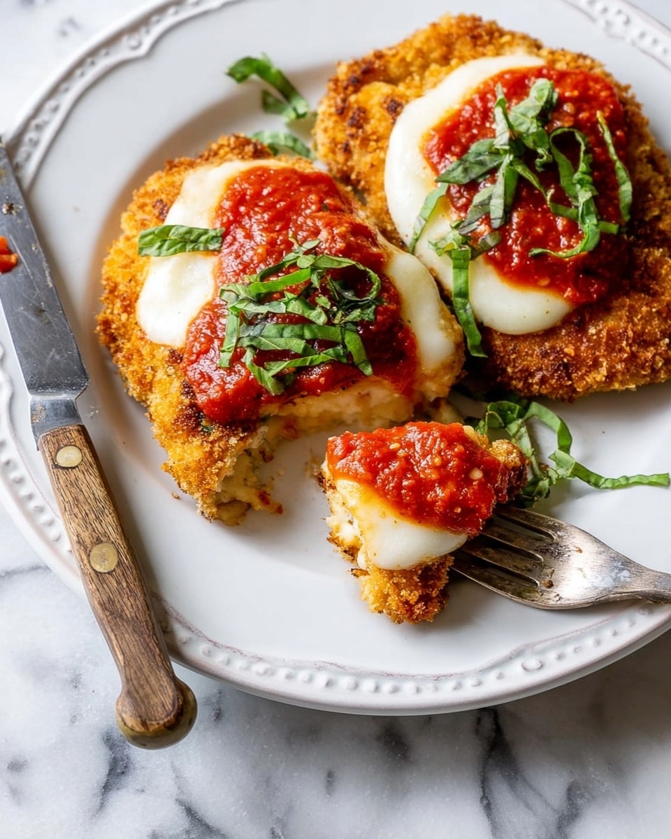 The dish shows two pieces of golden brown breaded cutlets on a white plate with a detailed rim. Each cutlet has a thick, creamy white melted cheese layer on top followed by a bright red tomato sauce layer, garnished with small strips of fresh green basil. One cutlet is partially eaten with a silver fork holding a bite-sized piece covered with tomato sauce and basil. A knife with a wooden handle sits next to the fork on the plate. The plate rests on a white marbled surface. photo taken with an iphone --ar 4:5 --v 7