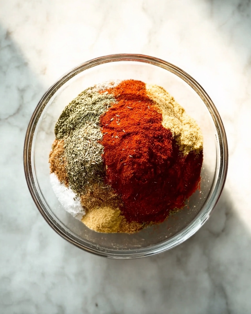 A clear glass bowl sits on a white marbled surface, filled with several layers of spices. The bottom layer is a light tan powder spread evenly. Above it, there is a thick layer of deep red powder covering almost half of the bowl's surface. Next to the red spice, there is a mixed area of green and brown herbs, giving a textured look. The spices are not mixed but sitting separately side by side, showing distinct color differences. The clear glass bowl is round and transparent, allowing full view of the colorful spices inside. Photo taken with an iphone --ar 4:5 --v 7