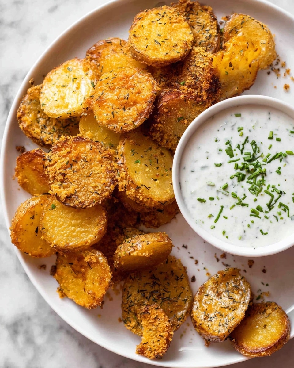 The image shows a white plate with many crispy, golden-brown potato slices, seasoned with herbs and spices. The potato slices have a crunchy texture on the outside with a warm yellow inside. A few potato slices are placed beside and some half-submerged on a small white bowl filled with white creamy sauce, sprinkled with chopped green herbs. The plate and bowl rest on a white marbled surface. Photo taken with an iphone --ar 4:5 --v 7