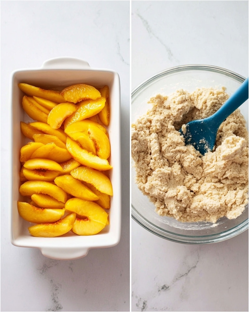 The image shows two side-by-side photos on a white marbled surface. On the left, a white rectangular baking dish is filled with a single layer of bright yellow-orange peach slices arranged neatly, their soft texture and glossy surface visible. On the right, a clear glass mixing bowl contains a crumbly, pale beige dough mixture with a blue spatula resting in it, showing the rough, uneven texture of the dough. Photo taken with an iphone --ar 4:5 --v 7