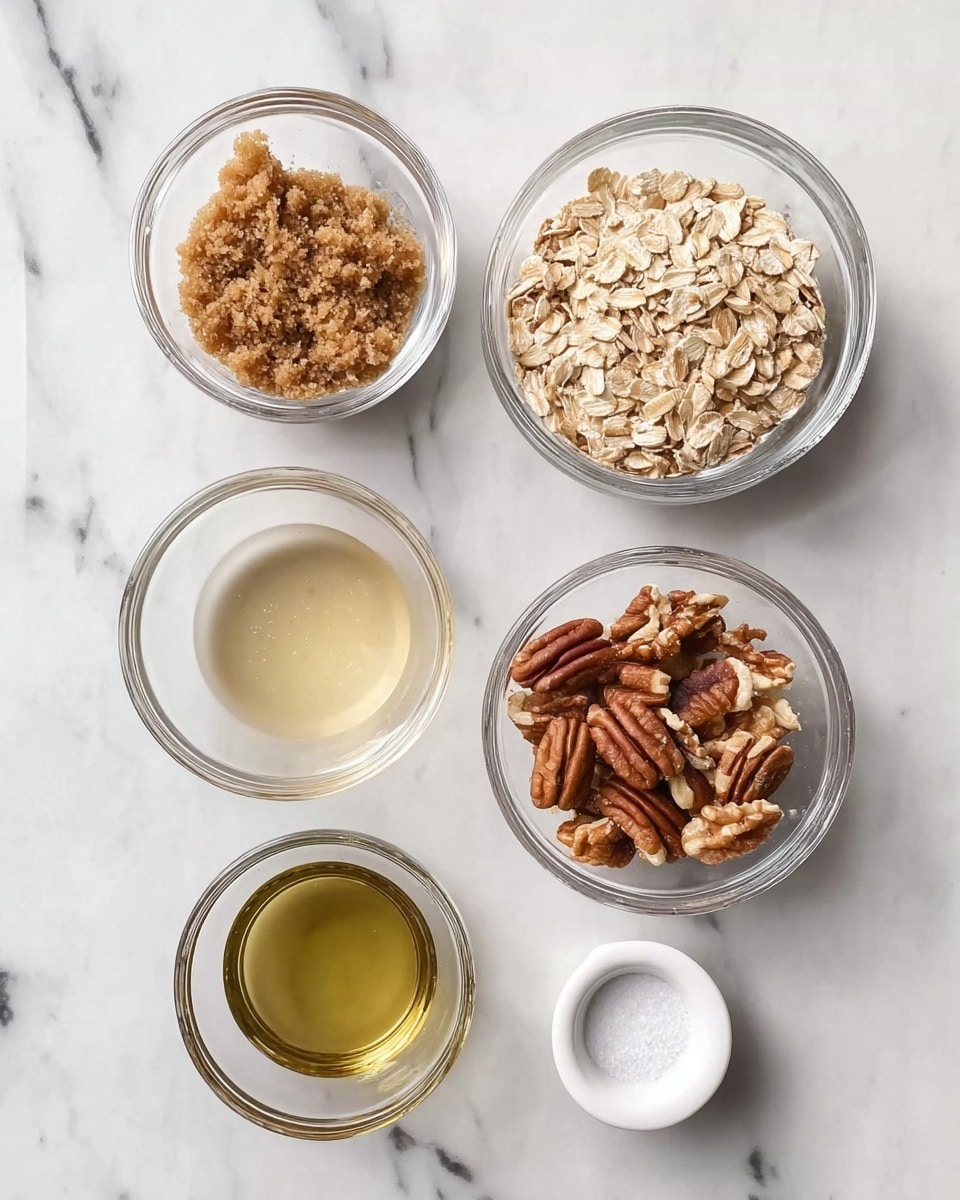 The image shows five clear glass bowls and a white cup placed on a white marbled surface. The top left bowl contains a light brown, crumbly texture, which looks like brown sugar. To the right of it is a bowl filled with light tan rolled oats. Below the oats, there is a bowl holding a mix of pecan halves and walnut pieces in brown and tan shades. To the left of the nuts is a bowl filled with a clear, pale yellow liquid, likely a syrup or oil. Below the syrup is another bowl containing a darker yellow-green liquid. Finally, in the bottom right corner, there is a small white cup holding a small amount of white granulated substance, possibly salt. The bowls are arranged evenly, creating a neat and organized visual. Photo taken with an iphone --ar 4:5 --v 7