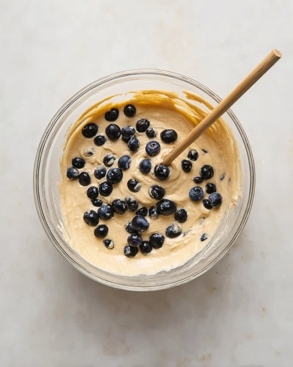 A clear glass bowl sits on a white marbled surface, filled with light beige batter with a smooth texture. On top of the batter, close to the edges, there are many scattered dark blue blueberries. A wooden stick is placed in the batter, slightly stirring the blueberries, creating small swirls in the mix. The view is from above, showing the round shape of the bowl and the simple, clean background. photo taken with an iphone --ar 4:5 --v 7
