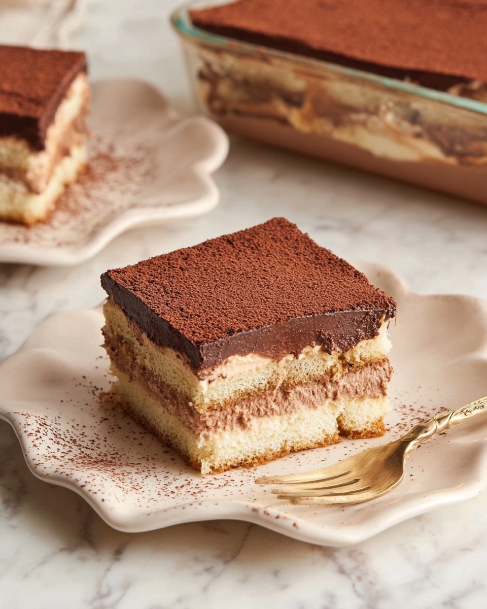 A square piece of layered dessert sits on a white plate with wavy edges, placed on a white marbled surface. The dessert has four layers: at the bottom, a light brown cake layer; above it, a soft chocolate cream layer with some texture; next, a pale beige cake layer topped by a thick, smooth chocolate cream layer that ends with a dusting of fine cocoa powder covering the top evenly. In the background, a larger piece of the same dessert is partly visible along with a clear glass container filled with the dessert. A golden fork rests near the plate. Photo taken with an iphone --ar 4:5 --v 7