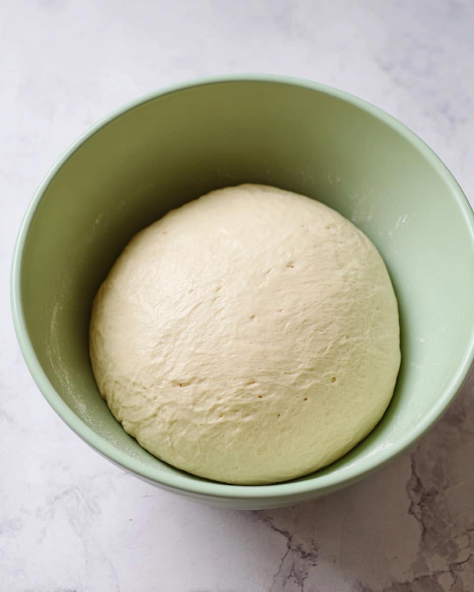 A smooth, round ball of pale dough sits in the middle of a clean, light green bowl, filling a good portion of it. The dough has a soft, slightly shiny surface with small dimples and a smooth texture. The bowl is placed on a white marbled surface that gives a fresh and clean look to the scene. The focus is on the dough's plump and airy appearance, showing it is ready for the next step in baking. photo taken with an iphone --ar 4:5 --v 7