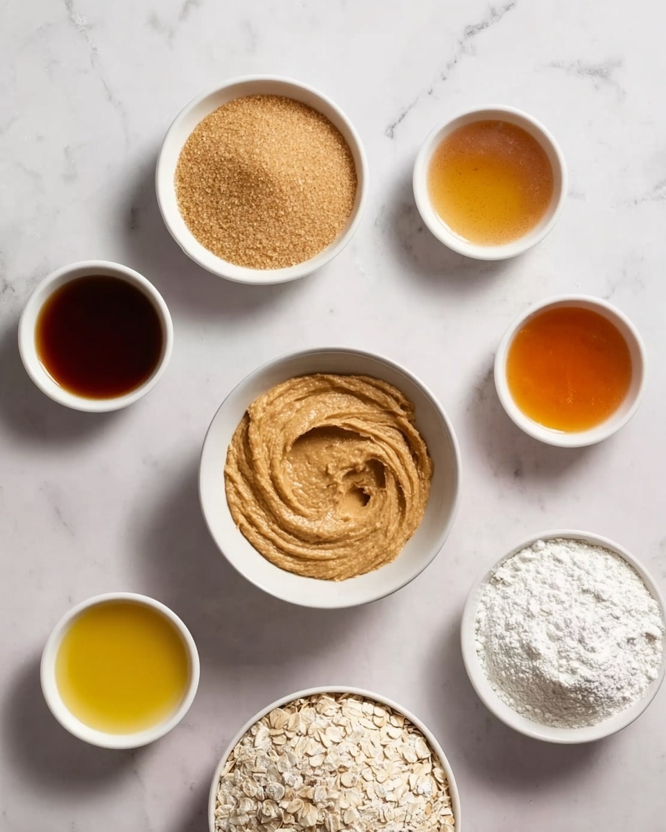 The image shows eight small white bowls arranged on a white marbled surface. At the center is a bowl filled with a thick, smooth, light brown paste with a swirl texture on top. Surrounding this bowl are seven more bowls: a bowl of light brown sugar in the top left, a dark amber liquid in the top right, a golden amber liquid just below it, a bright yellow liquid on the left side, a bowl of oats below the center bowl, a bowl of white flour below the oats, and a bowl of fine white powder, possibly baking soda or baking powder, to the right of the flour. Each bowl is evenly spaced, and the lighting is soft and natural. photo taken with an iphone --ar 4:5 --v 7