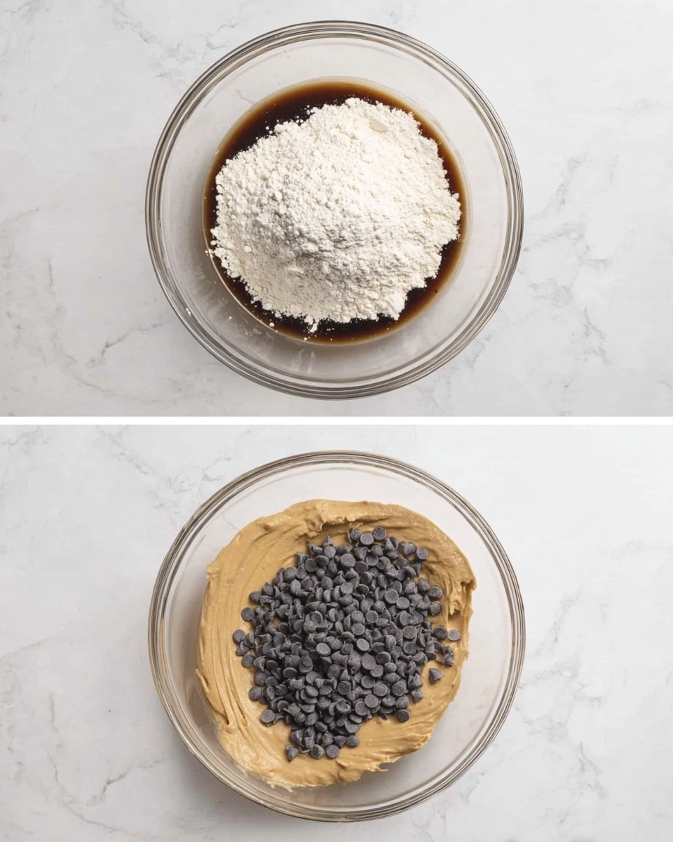 A clear glass bowl sits on a white marbled surface in both images. In the first image, inside the bowl, there is a dark brown layer of liquid mixture at the bottom, topped with a large heap of white flour placed in the center. In the second image, the bowl holds a thick light brown dough spreading across the bottom, with a pile of dark chocolate chips on one half of the dough, creating a clear color contrast. Photo taken with an iphone --ar 4:5 --v 7
