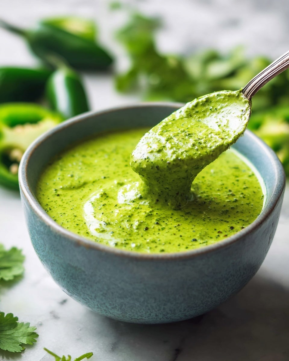A close-up view of a bowl filled with a thick, bright green sauce that has a slightly grainy texture with small dark green specks spread throughout. A silver spoon lifts a portion of the sauce from the bowl, showing the creamy and textured consistency. In the blurred white marbled background, there are halved green chili peppers and fresh green cilantro leaves scattered around, adding fresh and natural elements to the scene. The bowl is made of a subtle blue-toned ceramic that contrasts softly with the vibrant sauce inside. Photo taken with an iphone --ar 4:5 --v 7