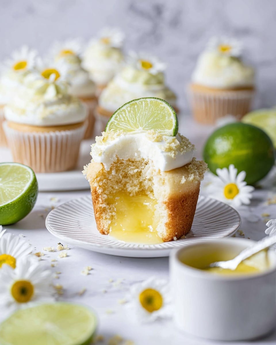 A close-up view of a cupcake with three layers: the bottom layer is a light yellow cake with a soft texture, the middle layer is a glossy, smooth, bright yellow filling oozing from the center, and the top layer is thick white cream frosting with a crumbly sprinkle around the edges. A thin round slice of fresh lime is placed on top of the frosting. The cupcake sits on a white plate with a raised rim and light textured lines. Around it are whole and halved limes, daisies with yellow centers and white petals, and other cupcakes decorated similarly in the background on a white marbled surface. A spoon rests in a small white bowl of filling in the foreground. Photo taken with an iphone --ar 4:5 --v 7
