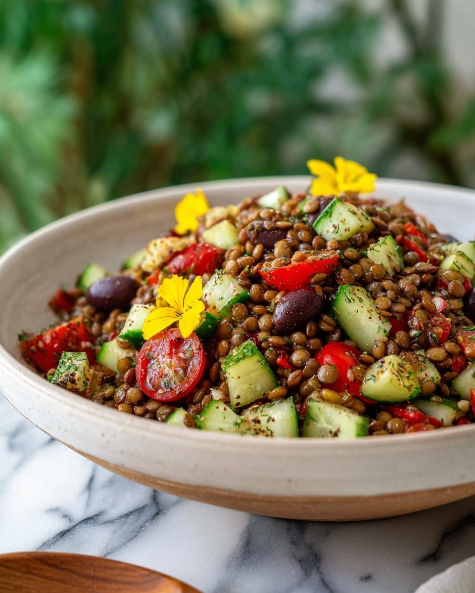 A close-up of a white bowl filled with a salad made of small brown lentils, bright red chopped tomatoes, and chunky green cucumber pieces. Mixed in are dark brown olives and sprinkled black pepper, with a few small yellow edible flowers on top for decoration. The bowl sits on a white marbled surface with a blurred green plant background and a wooden spoon partially shown in the bottom corner. Photo taken with an iphone --ar 4:5 --v 7