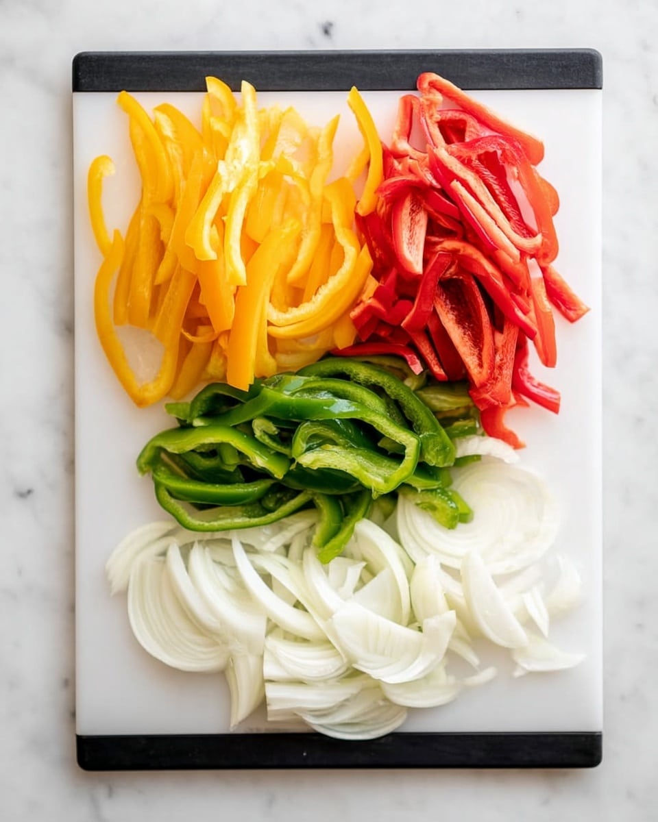 The image shows a white cutting board on a white marbled surface with four groups of sliced vegetables neatly arranged in rows. At the top left, there is a pile of thin yellow bell pepper strips, bright and glossy. To the right of it, there are red bell pepper strips, slightly curved and vibrant. Below the yellow peppers, green bell pepper strips are placed in a small pile, fresh and crisp-looking. At the bottom of the board, there are several layers of white onion slices, curved and semi-translucent, showing their delicate texture. The cutting board has black corners visible. photo taken with an iphone --ar 4:5 --v 7
