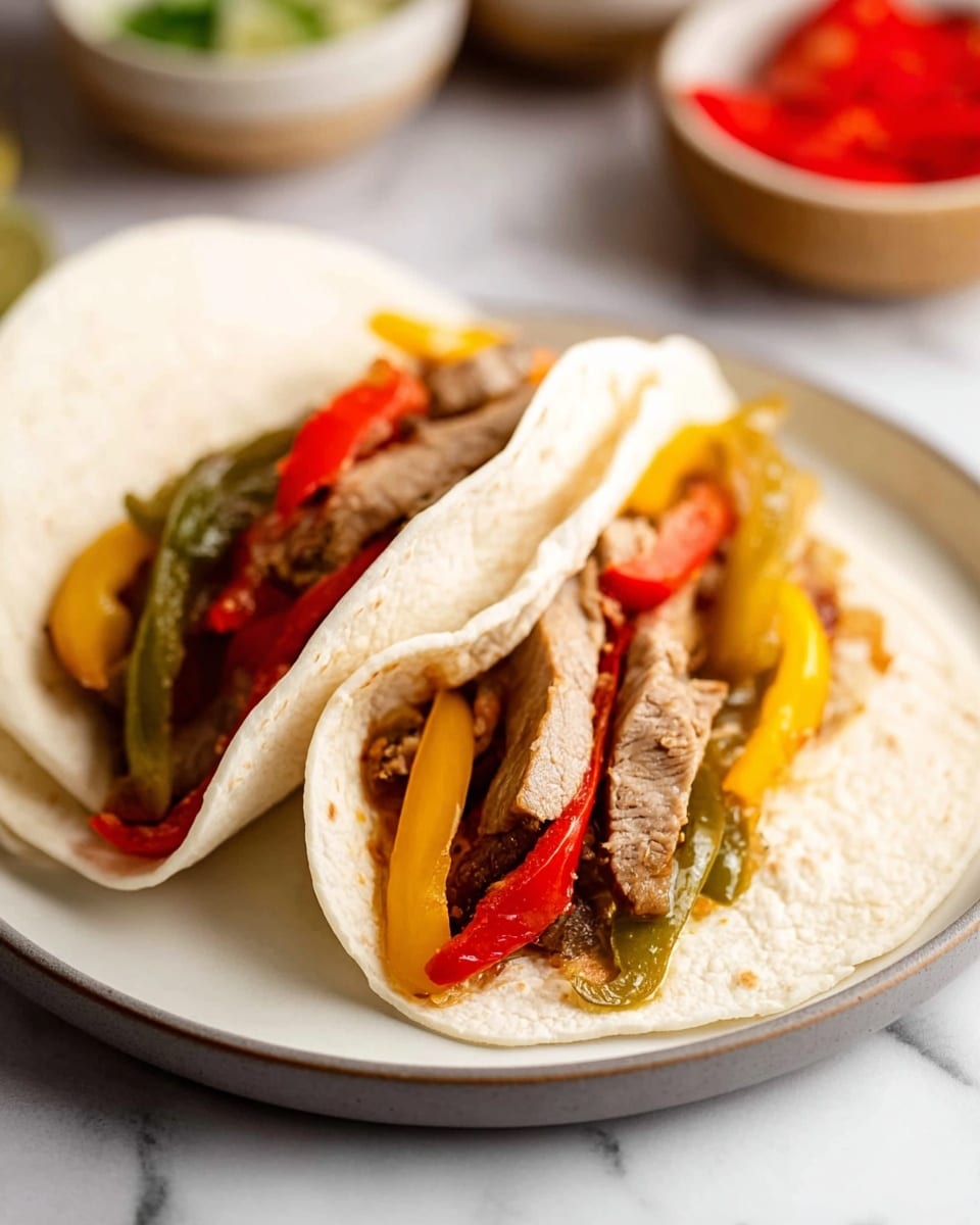 The image shows two soft white tortillas on a round white plate with a gray rim, each filled with several thick slices of brown cooked meat layered on a bed of cooked bell peppers in red, yellow, and green colors. The tortillas are folded slightly to hold the filling, with the peppers and sliced meat visible inside. The background is a white marbled surface with a blurred bowl of red peppers and other small bowls in soft focus behind the plate. photo taken with an iphone --ar 4:5 --v 7