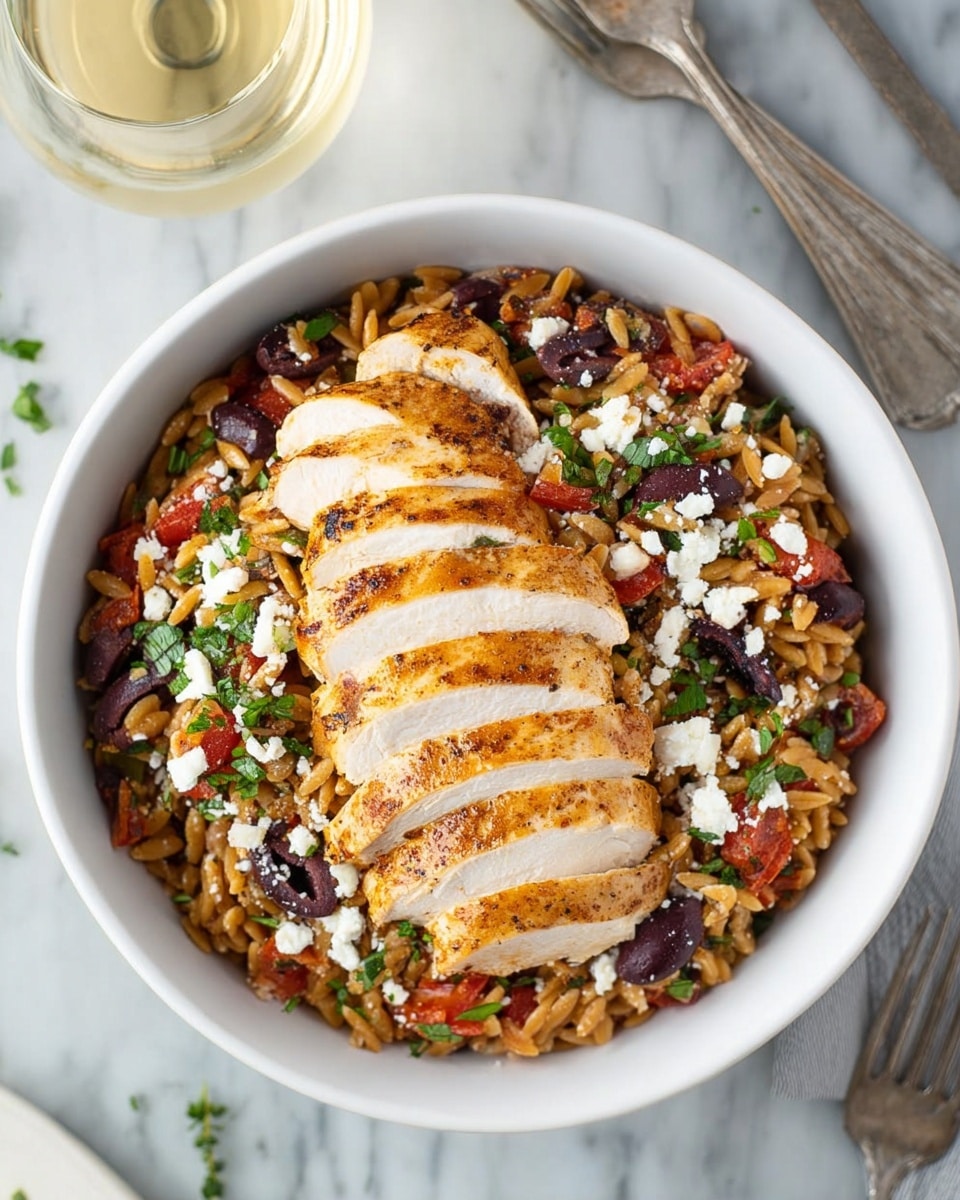 A white bowl is filled with a base layer of brown orzo pasta mixed with chopped tomatoes, dark purple olives, green herbs, and small white crumbles of cheese. On top, there are thin slices of golden-brown cooked chicken arranged neatly in a fan shape, sprinkled with more white cheese and small green herb pieces. The bowl is placed on a white marbled surface with a glass of light-colored drink and silver cutlery nearby. Photo taken with an iphone --ar 4:5 --v 7