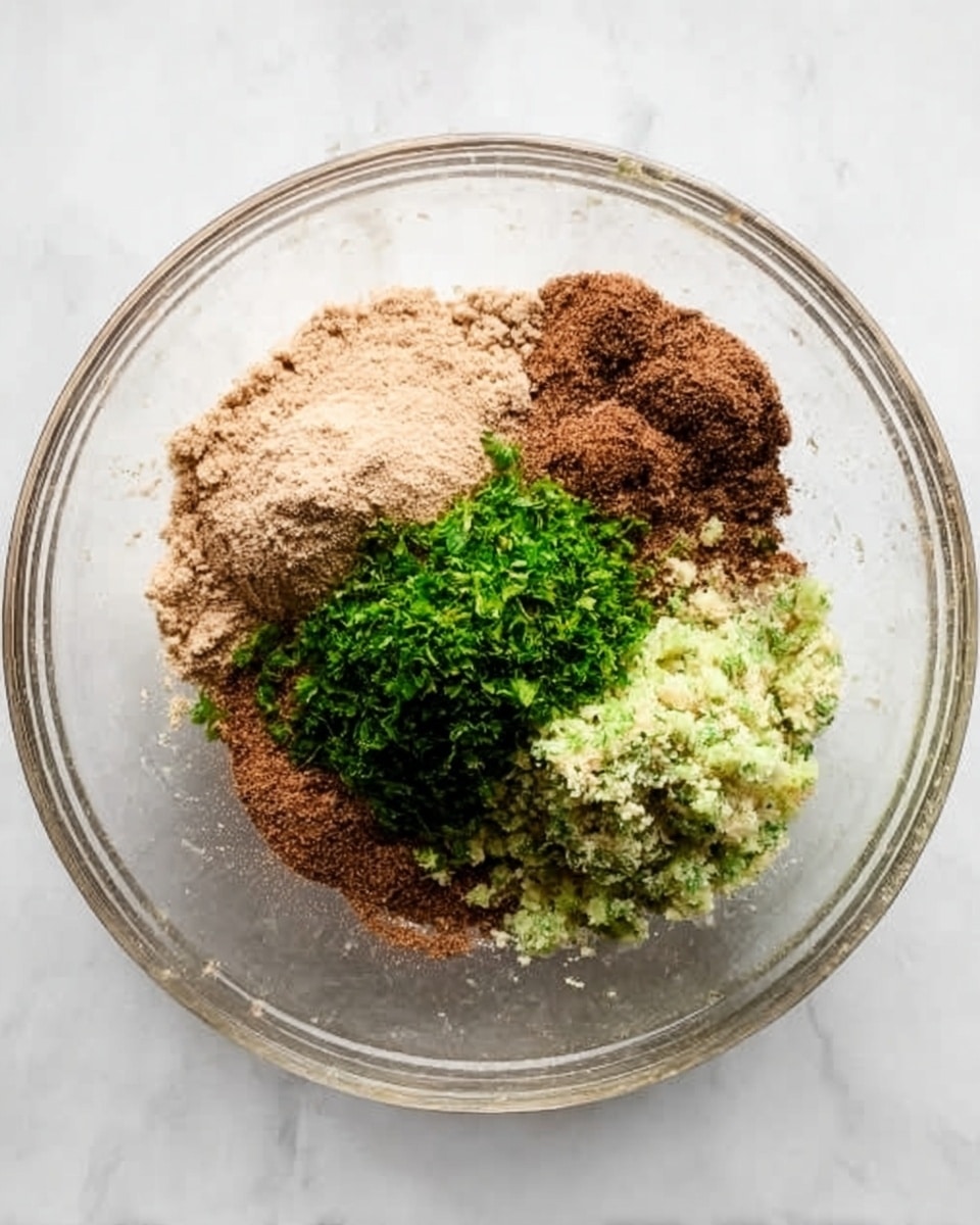 A clear glass bowl sits on a white marbled surface, filled with several ingredients grouped separately inside. There is a layer of light brown powder on one side, with a smaller pile of darker brown spice above it. Bright green chopped herbs form a dense cluster in one corner, while a pale green, finely chopped or grated mixture sits beside it. The different textures and colors of the ingredients are clearly visible in the transparent bowl. photo taken with an iphone --ar 4:5 --v 7